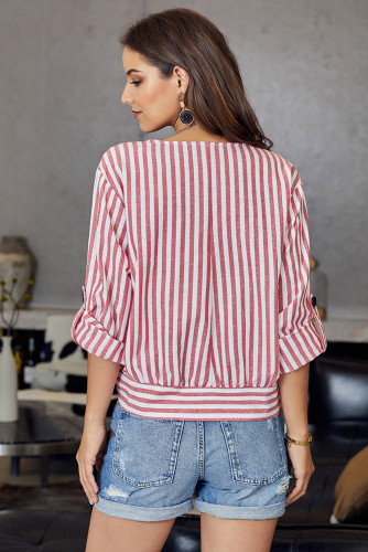 Red Striped Wrap Button Down Shirt