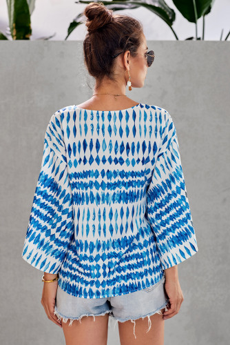 Blue Floral Printed Deep V Neck Tie Front Blouse