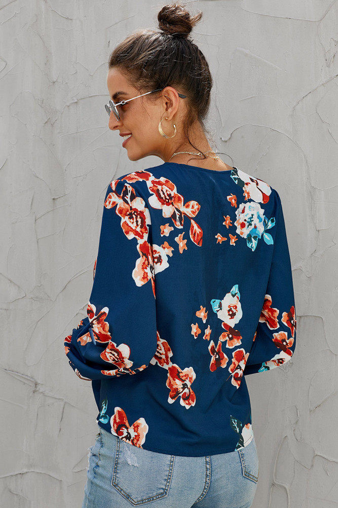 Orange V Neck Long Sleeve Tie Front Blouse