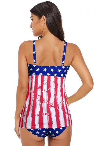 Multicolor Stripes and Stars Flag Print Tummy Control Tankini
