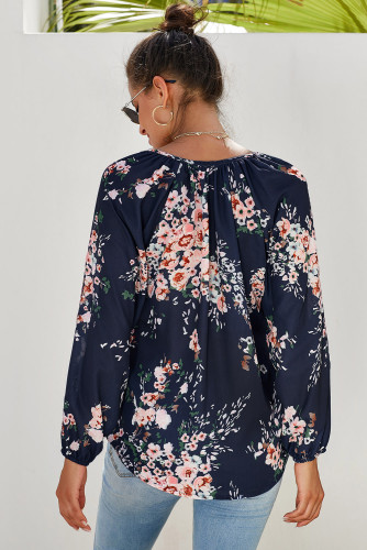 Blue Floral Print Peasant Blouse
