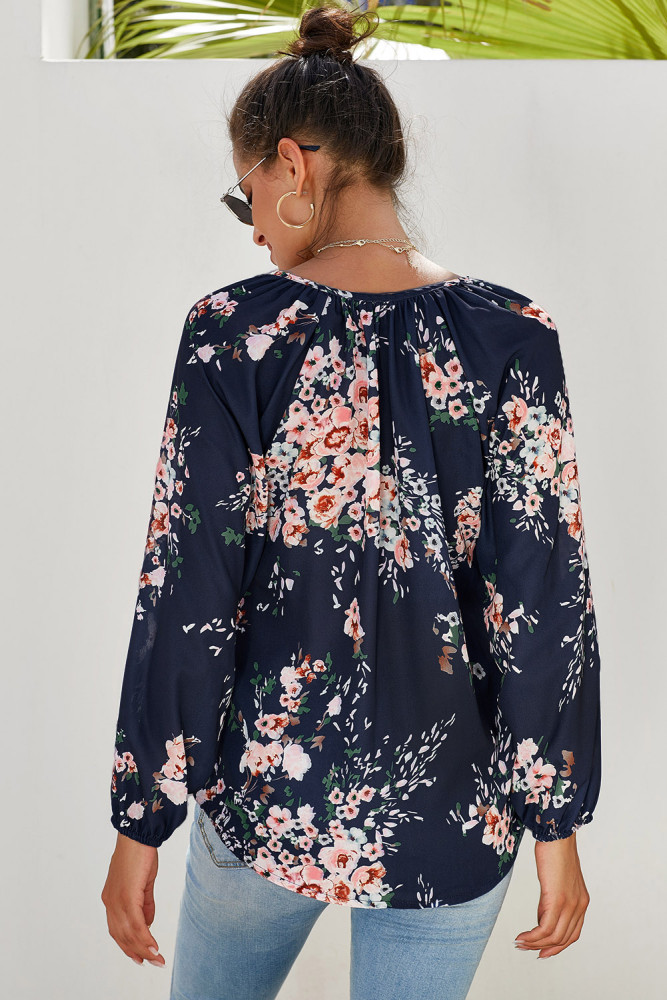 Blue Floral Print Peasant Blouse