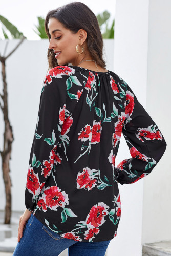Black Floral Print Peasant Blouse