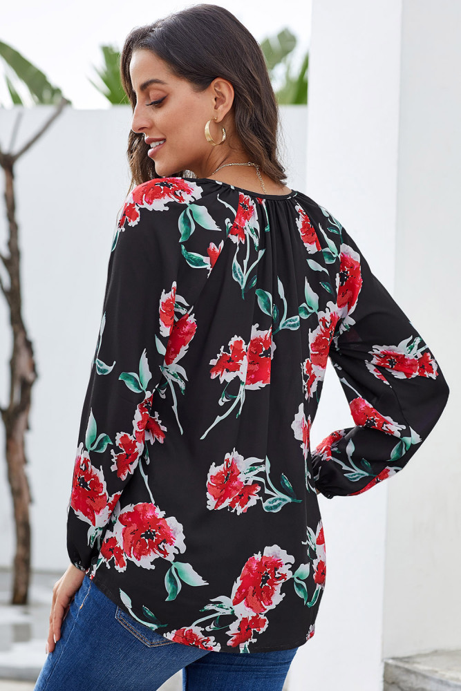 Black Floral Print Peasant Blouse
