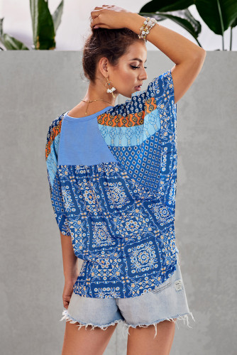 Blue Fashion Casual Short Sleeved Printed Top T-Shirt