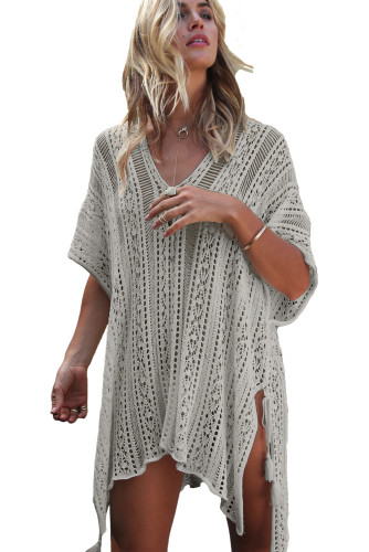 Gray Crochet Knitted Tassel Tie Kimono Beachwear