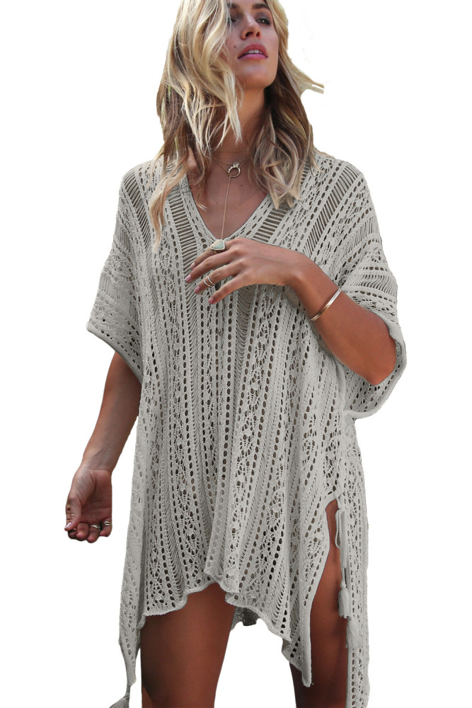 Gray Crochet Knitted Tassel Tie Kimono Beachwear