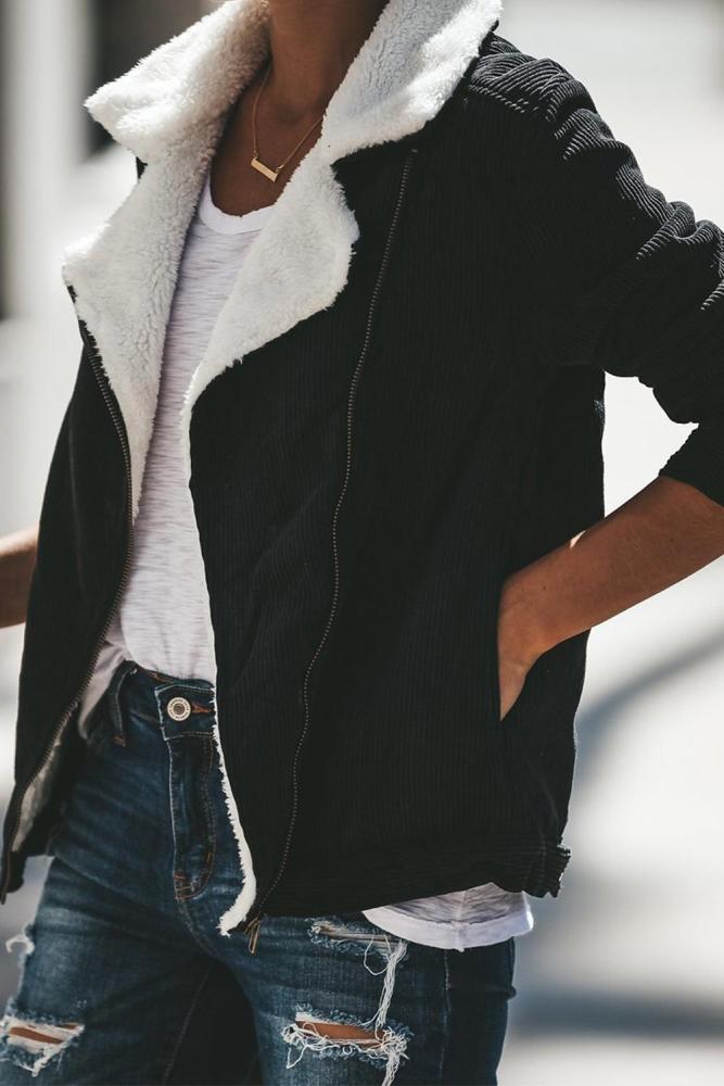 Black Fold Over Collar Zipper Plain Jacket
