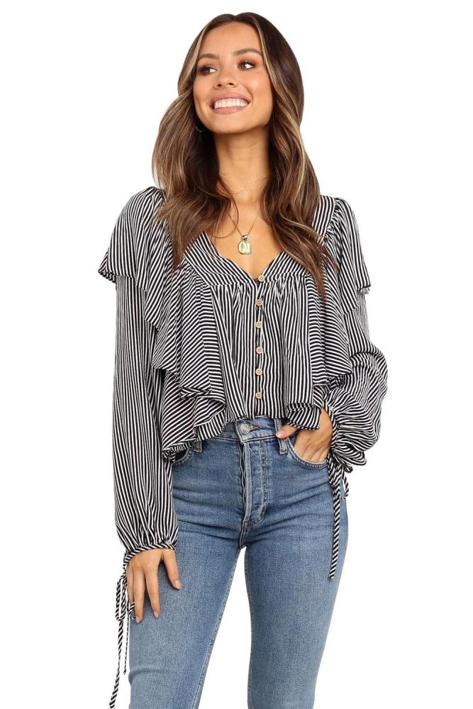 Black Button Ruffle&Tie Striped Shirt