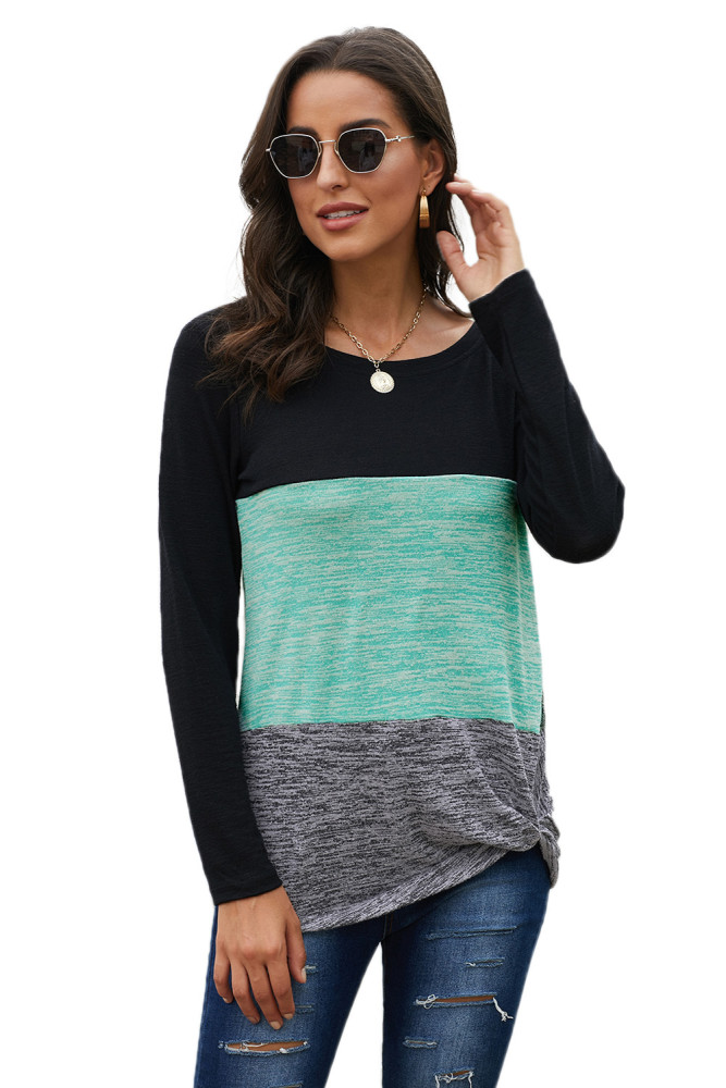 Green Color Block Crew Neck Blouse