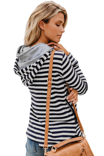 Navy Striped Button Detail Hoodie
