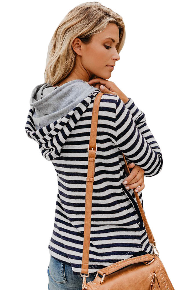 Navy Striped Button Detail Hoodie