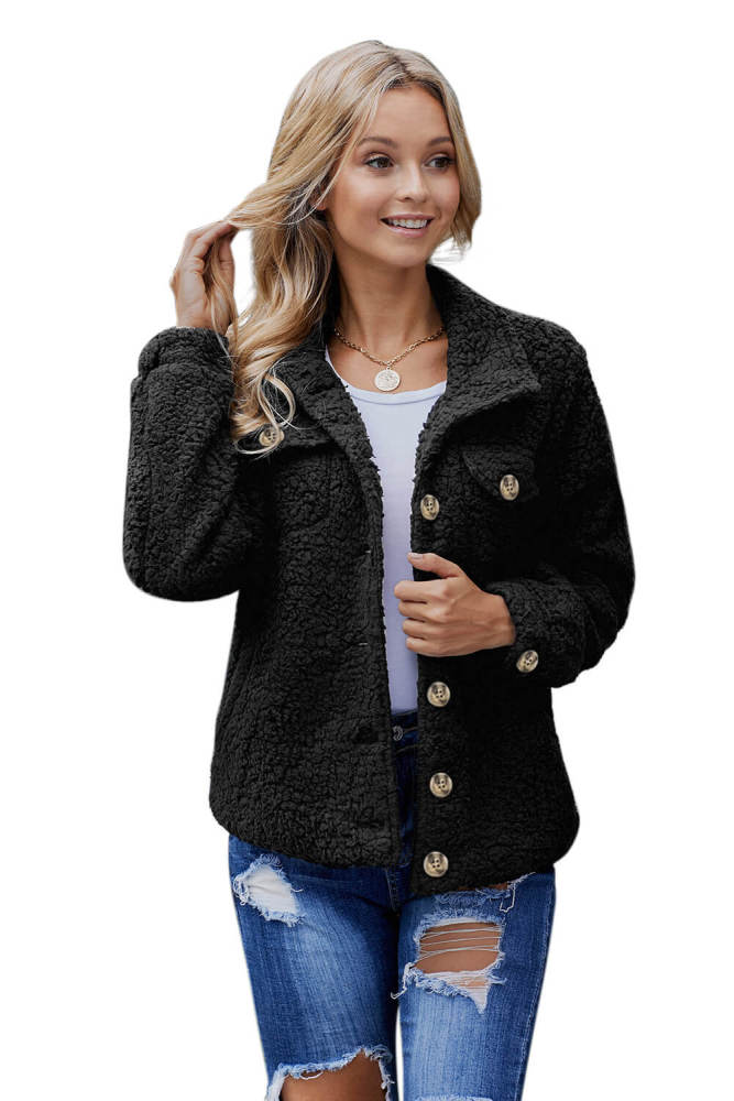 Black Sherpa Button Up Long Sleeve Jacket