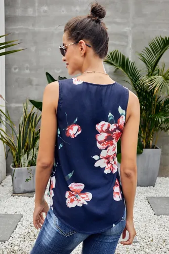 Blue Floral Sleeveless V Neck Zip Up Tank Top