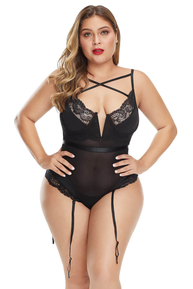 Criss Cross Detail Hollow-out Back Plus Size Teddy Lingerie