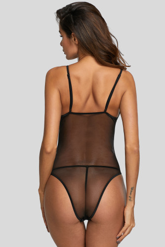 Black Lace Insert High Leg Bodysuit