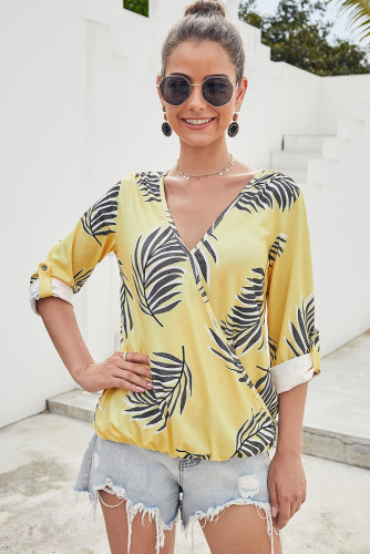 Yellow Tropical Plant & Cross Print Shirt