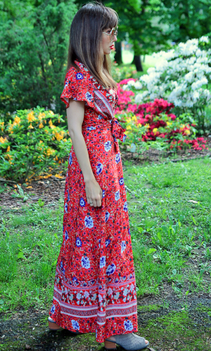 Red V-Neck Beach Resort Printed Dress