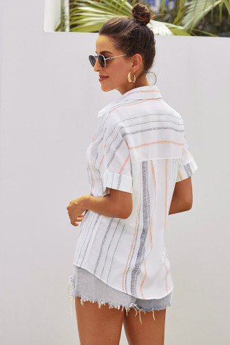 Orange V Neck Stripes Roll up Sleeve Button Down Shirt