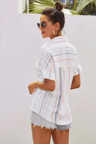 Orange V Neck Stripes Roll up Sleeve Button Down Shirt