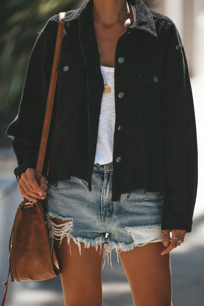 Black Distressed Cotton Cordury Jacket