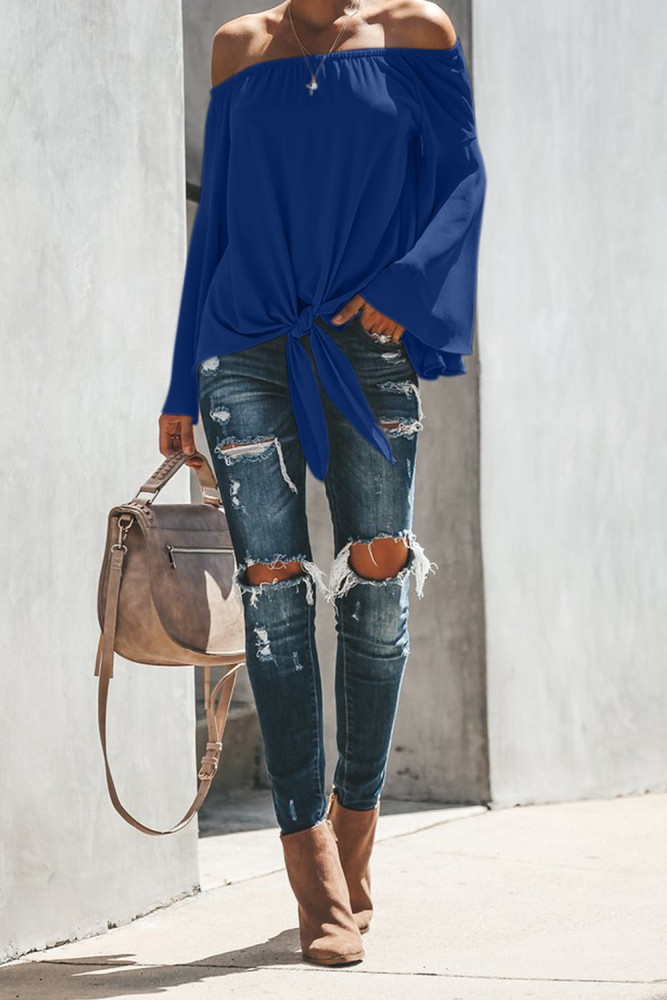 Blue Off The Shoulder Bell Sleeve Tie Blouse