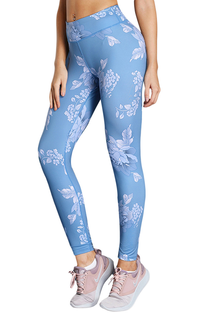 Blue High Waisted White Pattern Detail Stylish Leggings