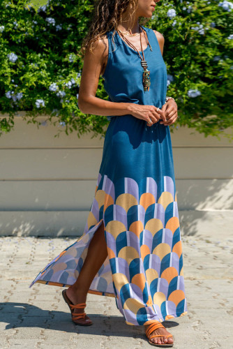 Blue Twist Hollow-out Back Long Tank Dress with Print