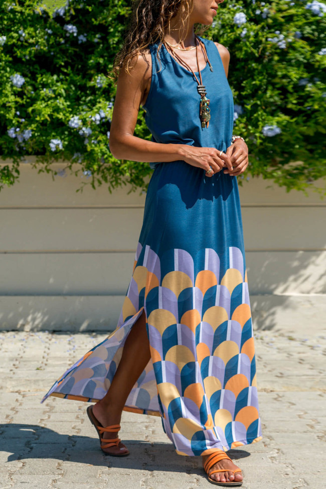 Blue Twist Hollow-out Back Long Tank Dress with Print