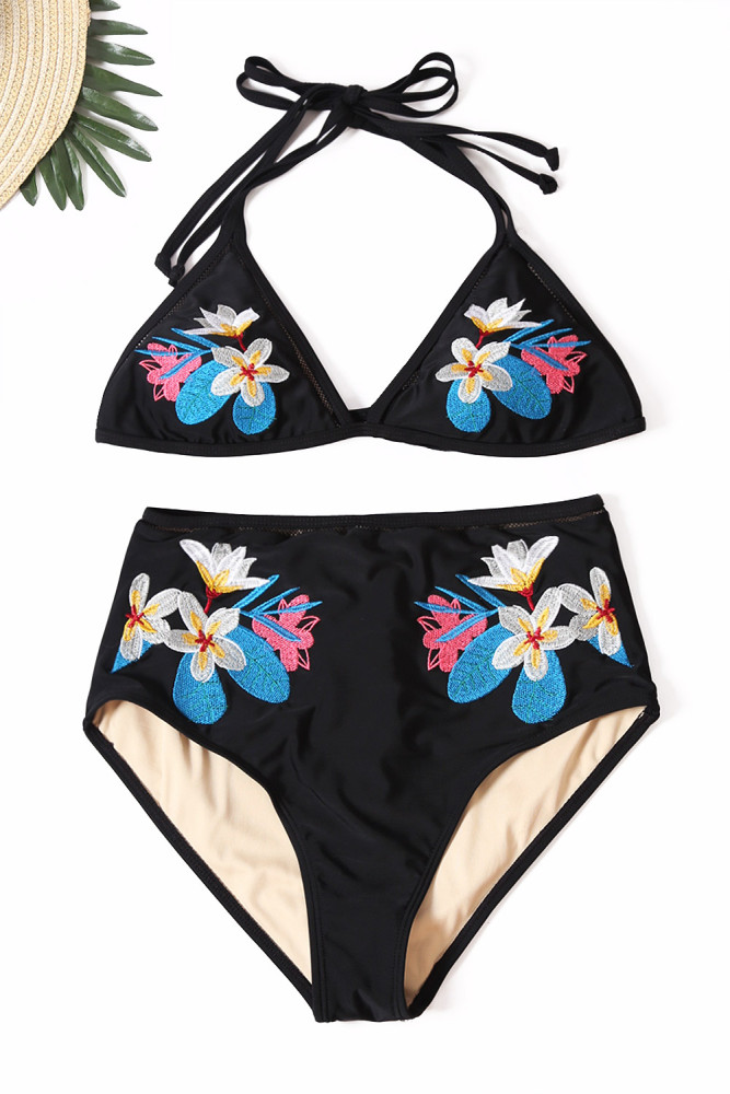 Black Embroidery Mesh Splicing High-waisted Swimsuit Bikini
