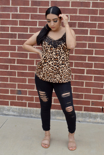 Khaki Leopard Print Casual Tank Top