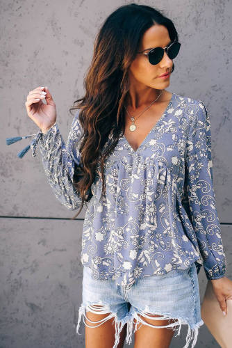 Gray Tassel Tie Blouse