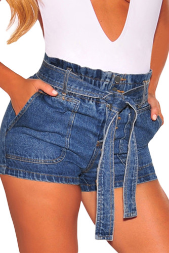 Blue Paper Bag Waist Buttoned Denim Shorts