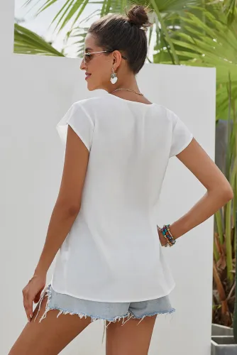 White Short Sleeve Printed Neck Shift Blouse
