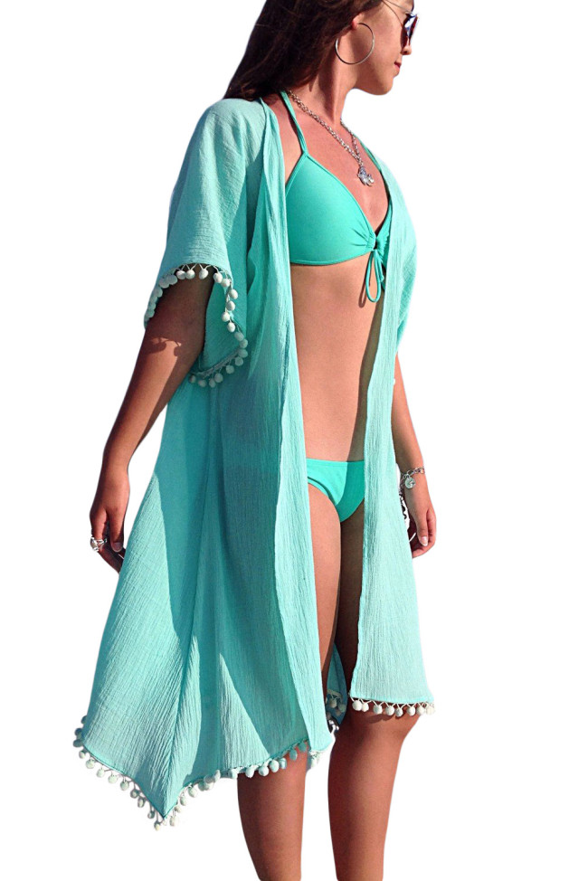 Sky Blue Pom Pom Kimono Beach Cover up