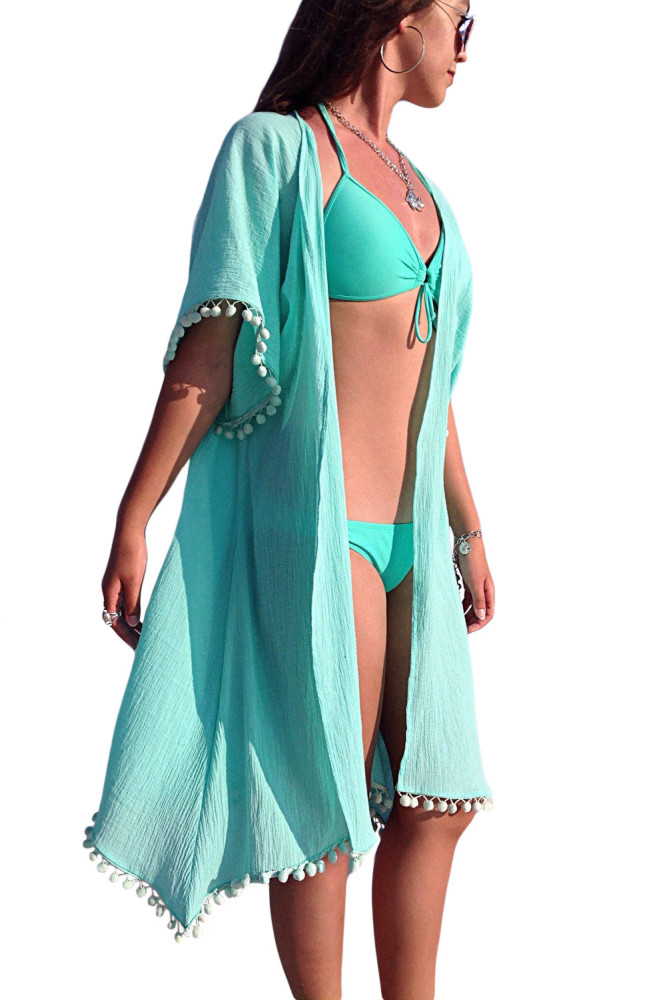 Sky Blue Pom Pom Kimono Beach Cover up