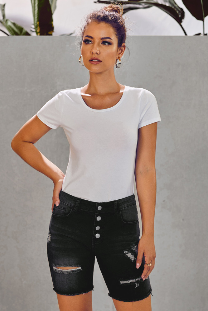 Black Button Front Distressed Shorts