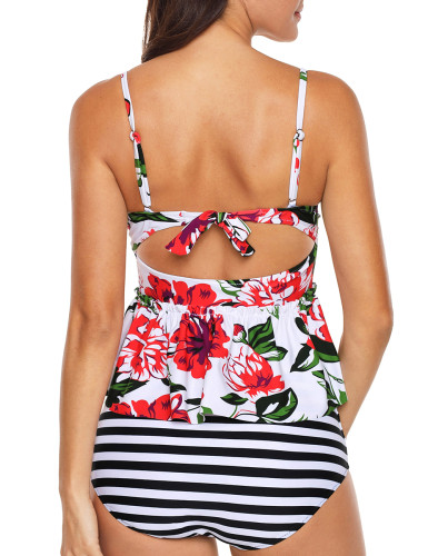 White 2pcs Floral Print Flounce Tankini Swimsuit