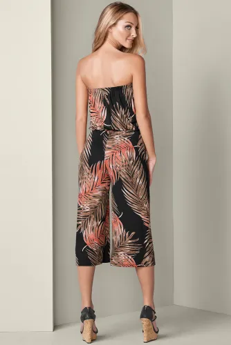 Black Flower Print Bandeau Bodice Wide Leg Jumpsuit