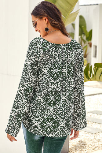 Green Long Sleeve V Neck Printed Chiffon Blouse