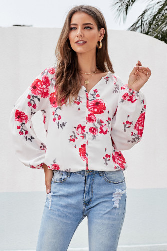 Red Ballon Sleeve Floral Shirt Top
