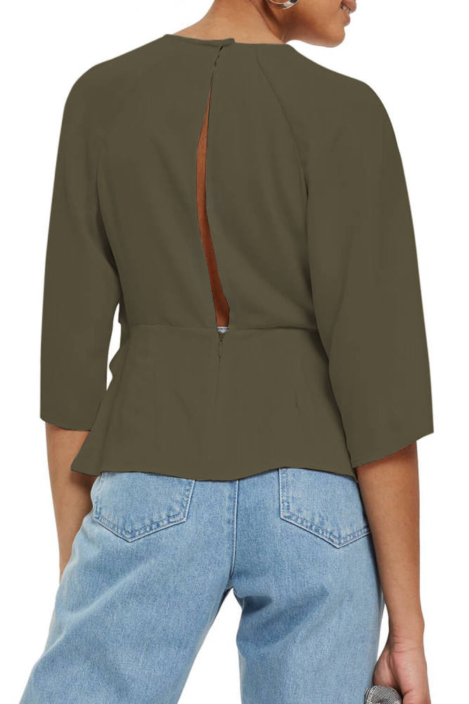 Green Waist Tie Front Flare Sleeve Blouse