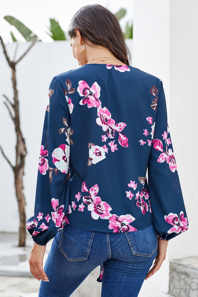 Rose V Neck Long Sleeve Tie Front Blouse