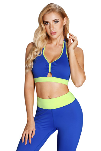Blue Gathered Bust Halter Sport Gym Bra