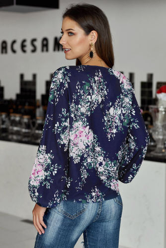 Blue V Neck Long Sleeve Tie Front Blouse