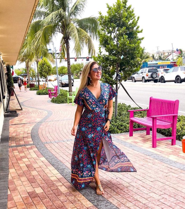 Multicolor V-Neck Beach Resort Printed Dress