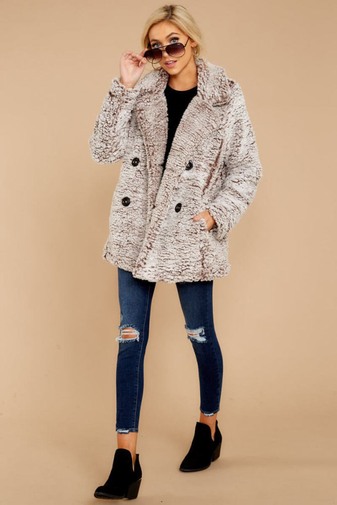 Brown Double-breasted Lapel Plush Jacket