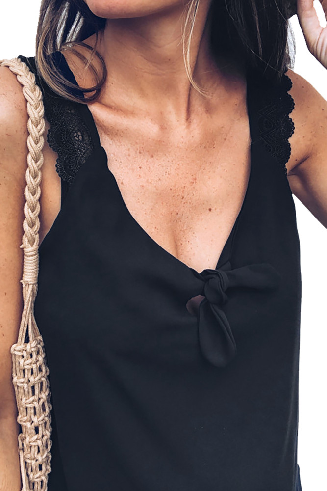 Black Front Knot Lace Shoulder Sleeveless Tank Top