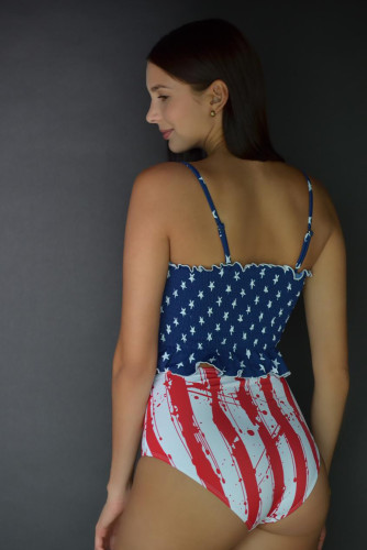 Flag Print High Waist Printed Smocked Bikini