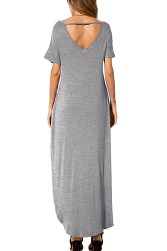Gray Lace Front Pocket Short Sleeve Split Casual Loose Maxi Dress